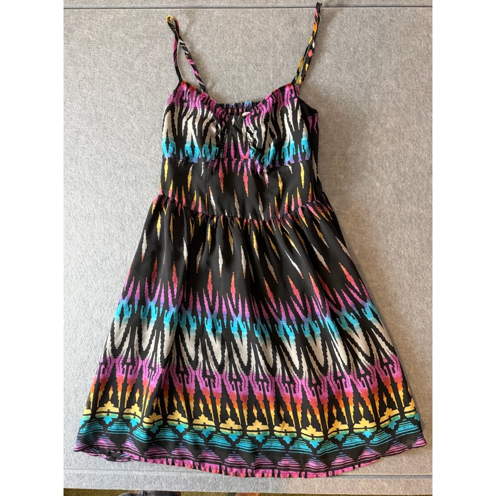 Summer Babydoll Coquette Boho Bohemian Ikat Print S Mini Dress Smocked Back Zip